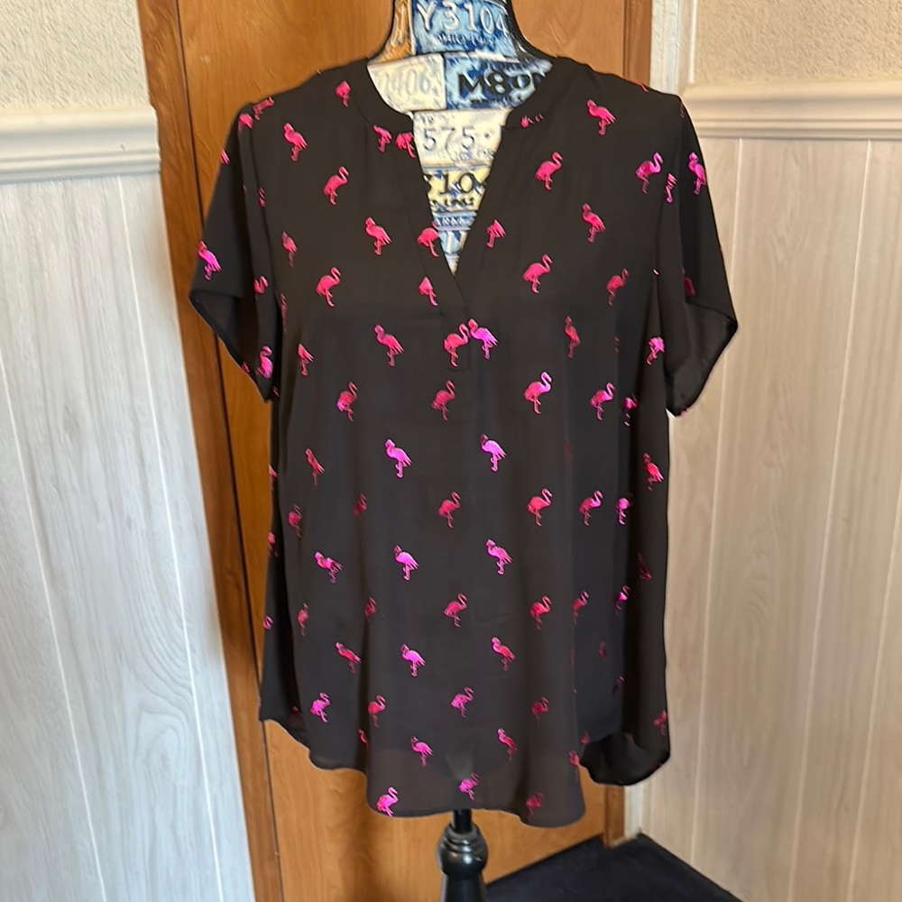 Torrid Georgette Flamingo Print Black Blouse